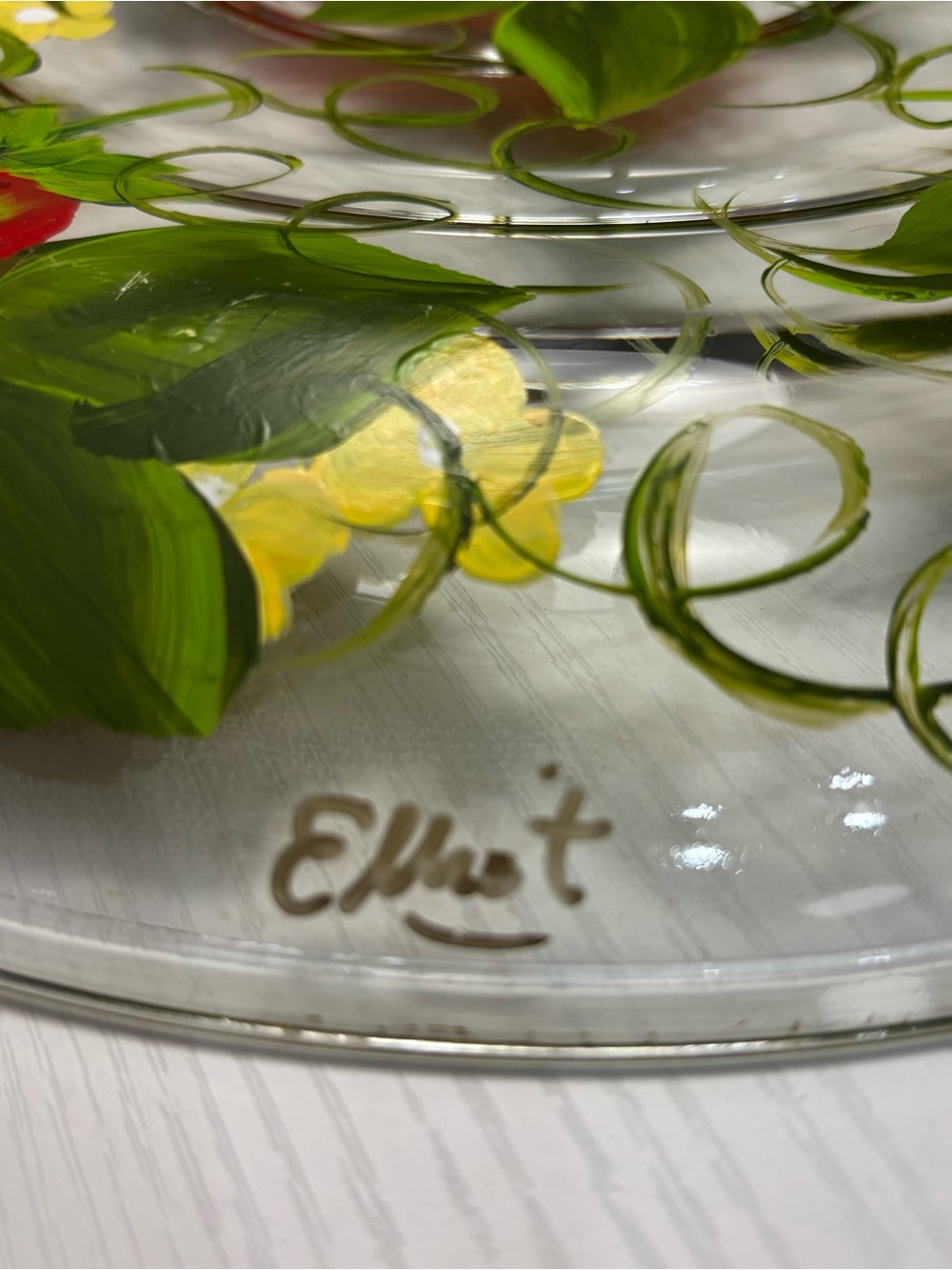 Vintage L. Elliott Signed Hand Painted Glass Cheese Dome Cloche Platter - Picture 8 of 10